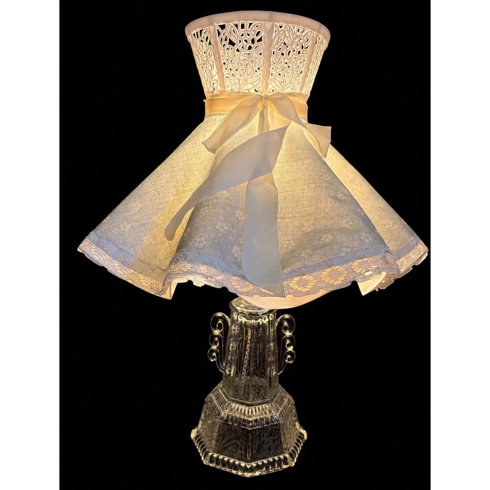 Vintage Pressed Glass Boudoir Bedroom Lamp Original Shade
